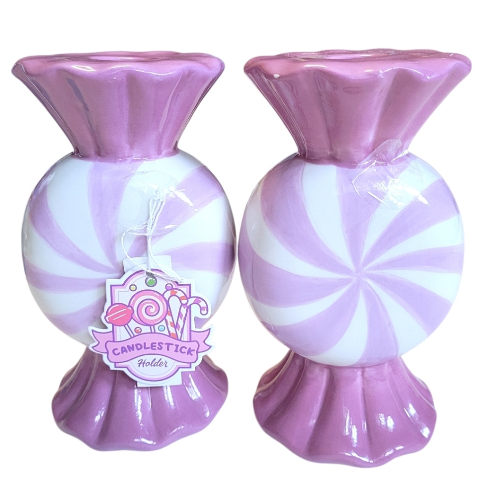 Lavender Peppermint Candy Ceramic Candlestick Holders Set of 2 Home Decor NWT
